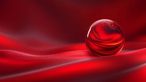 Shiny Red Glass Sphere on Flowing Silk-Like Fabric, Digital Art.