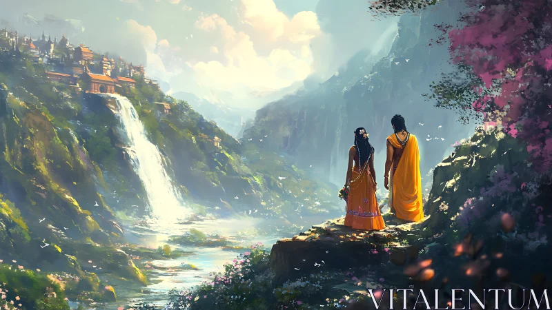 Mythic couple overlooking waterfall valley and temple citadel