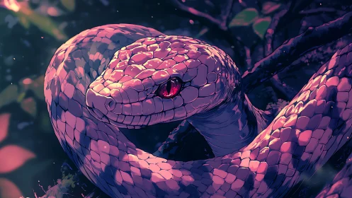 Bioluminescent serpent coils along forest branch under dusk light