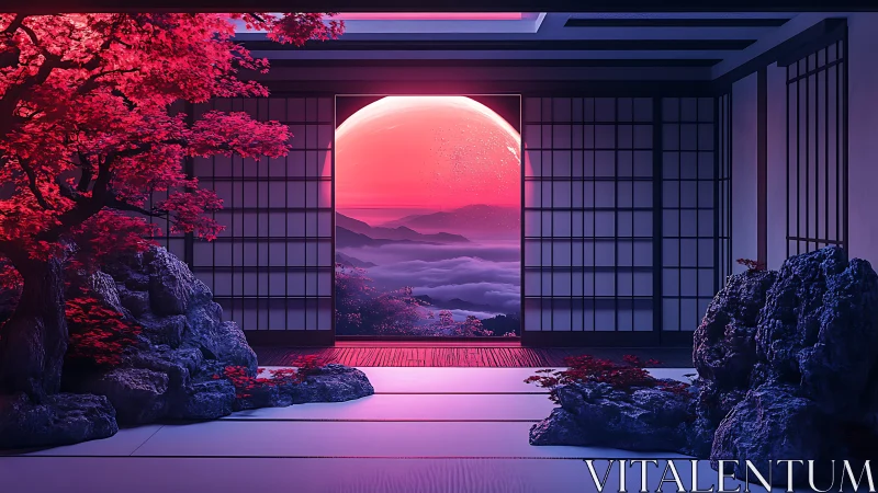 Futuristic shoji room framing red planet over misty valley.