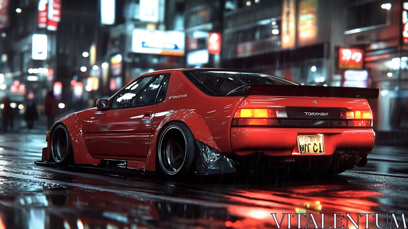 Low-slung red tuner coupe in neon-soaked nocturnal rainfall.