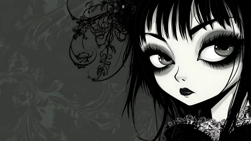 Gothic girl portrait with oversized eyes and baroque lace