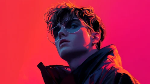 Neon portrait highlights reflective glasses and bold jacket.