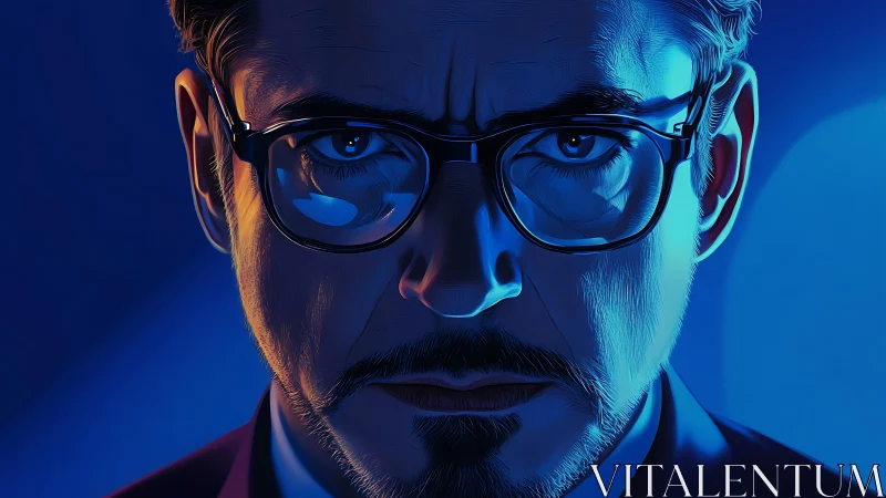 Digital portrait close-up in blue chiaroscuro vector style.