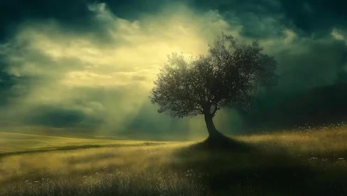 Solitary tree on windswept meadow under dramatic backlight