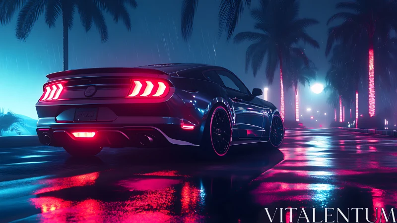Neon-lit sports coupe rendered with wet reflective roadway shaders