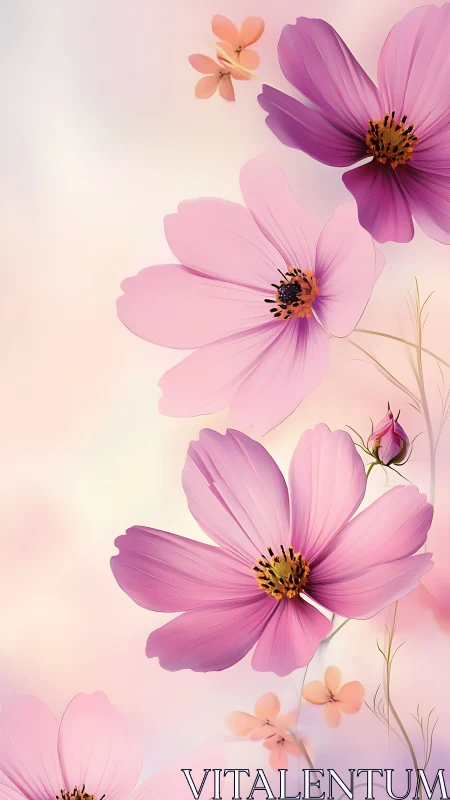 Cosmos flower arrangement with gradient-rendered petals and layered compositional depth