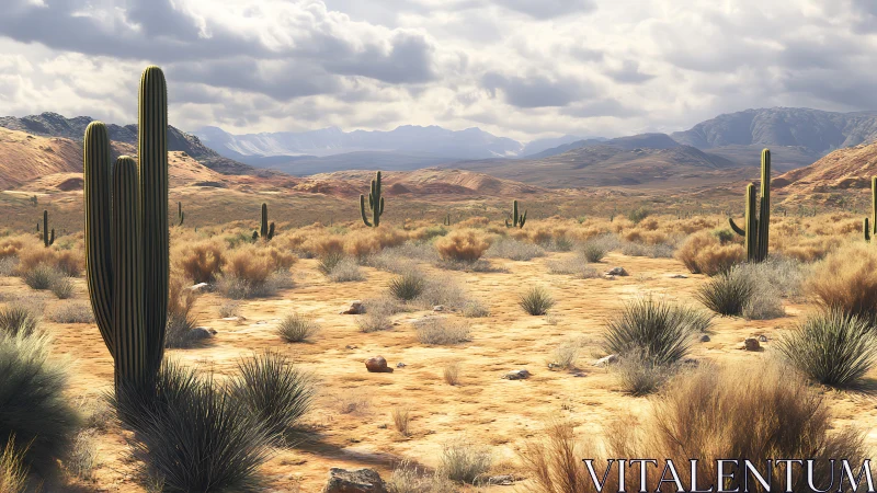 Desert landscape displays sparse cacti under overcast sky