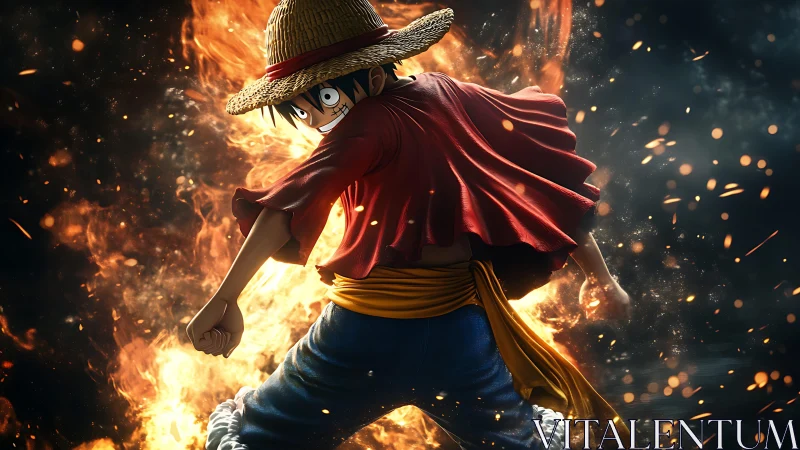 Straw hat fighter charges through swirling firestorm backdrop.