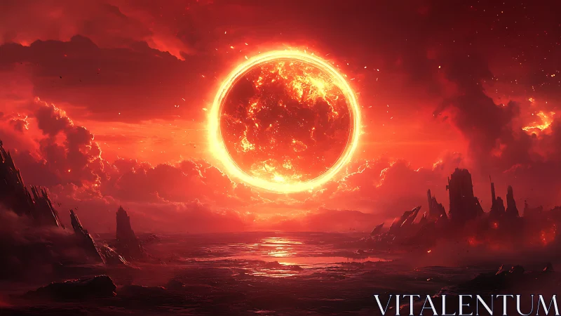 Burning red star hangs over molten alien shoreline