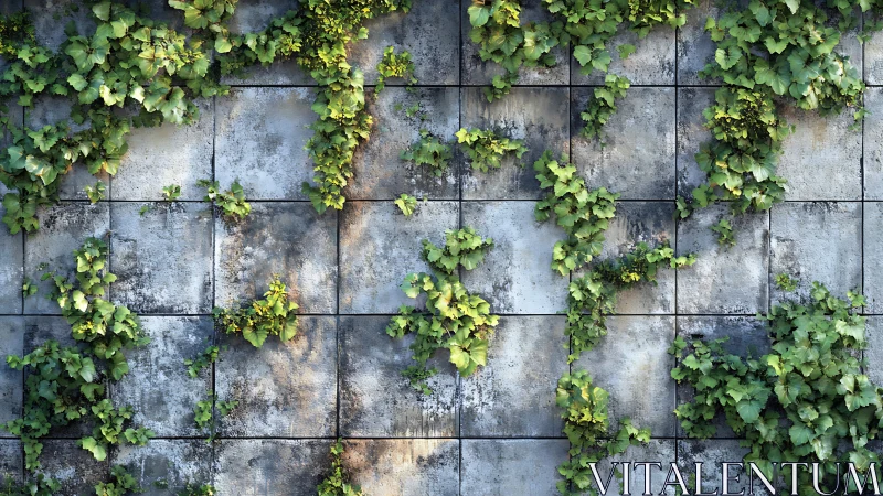 Climbing ivy softens a weathered concrete grid wall with light