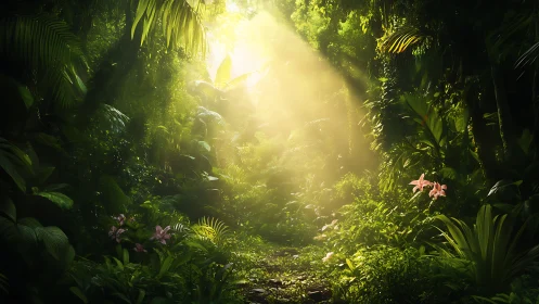 Dense forest pathway with tropical vegetation and filtered sunlight