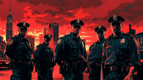 Urban police line under crimson storm-lit skyline.