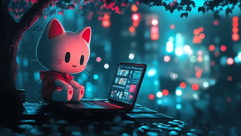 Cartoon cat figure operates laptop in stylized night scene