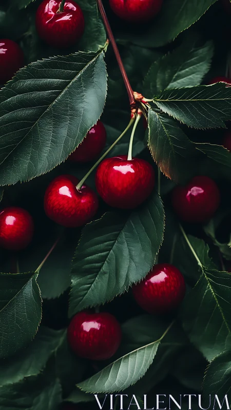 Glistening ripe cherries nestle softly among deep green leaves