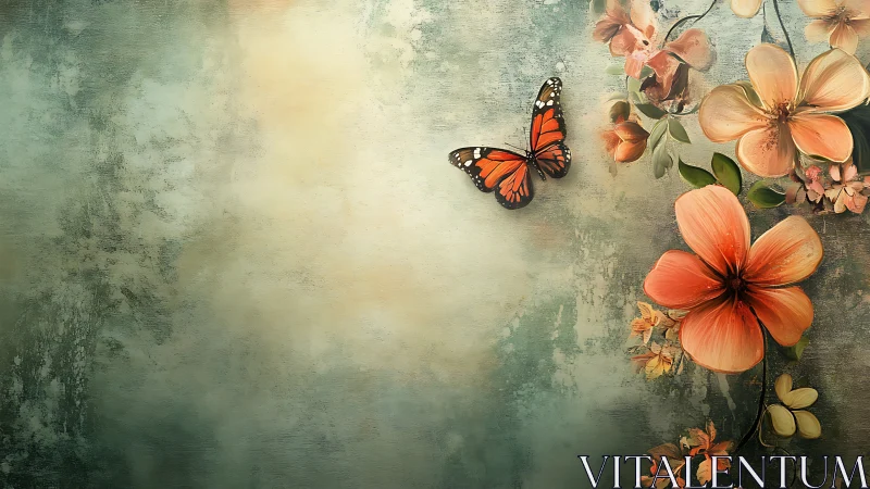 Orange butterfly hovers beside lush coral flowers on teal wall