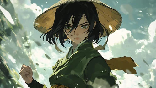 Windborne warrior girl in green robe amid swirling sky.