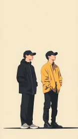 Minimalist vector streetwear duo in balanced side profile.