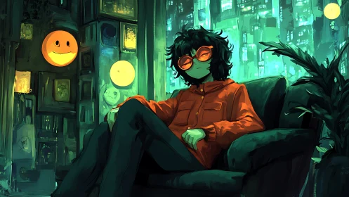Neon night reader resting beneath glowing city smiles.
