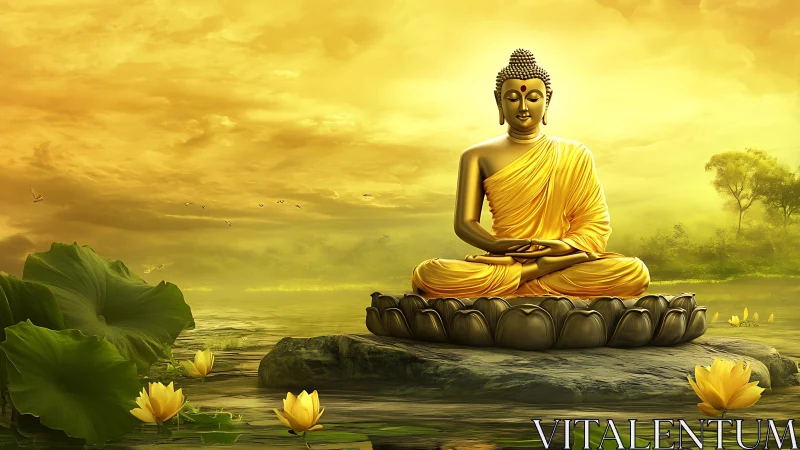 Golden Buddha statue meditates amid lotus-filled tranquil lake.