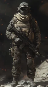 Heavily armed tactical soldier in full combat gear pose.