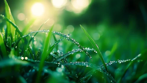 Morning dew sparkles on fresh green grass in soft sunlight