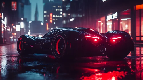 Futuristic black supercar waits on wet neon city street at night