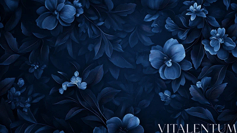 Monochromatic Botanical Composition: Indigo Floral Tapestry with Textured Petals.