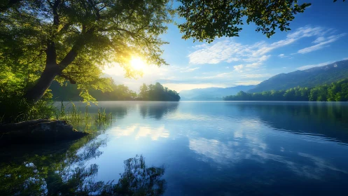 Peaceful forest lake at sunrise with clear reflections.