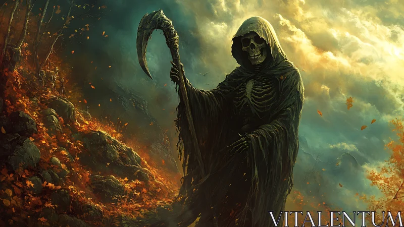 Hooded skeletal figure with scythe in autumn hillside forest.