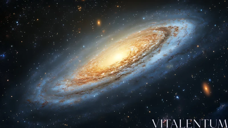 Spiral galaxy rendered with bright core and extended dust lanes