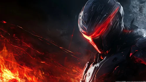 Ember-helmed cyber soldier watching a collapsing inferno horizon.