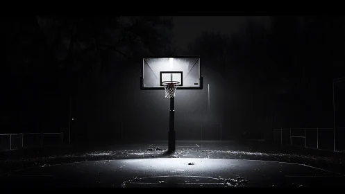 Lonely street basketball hoop under stark rainlit spotlight.