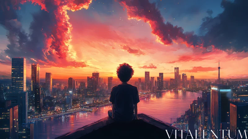 Silhouetted figure observes illuminated river city skyline at dusk