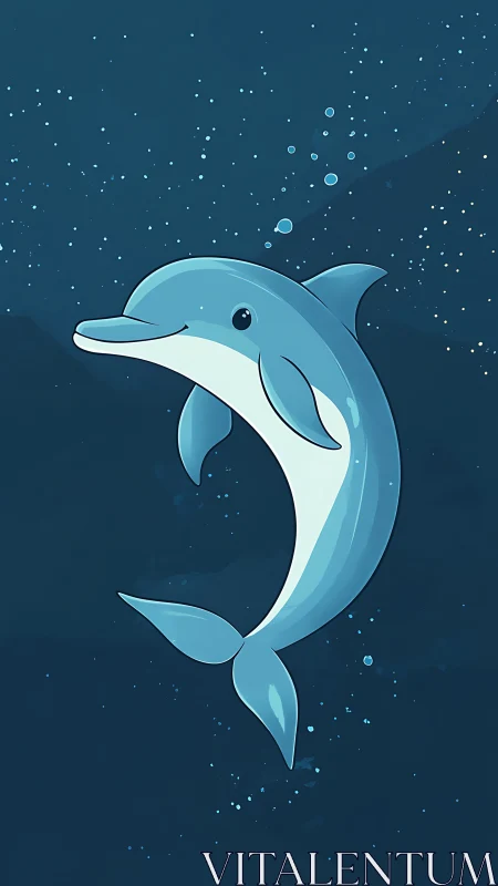 Playful blue dolphin drifting through a dreamy night sea.
