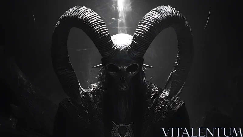 Shadowed horned warlord pauses beneath a single pale light