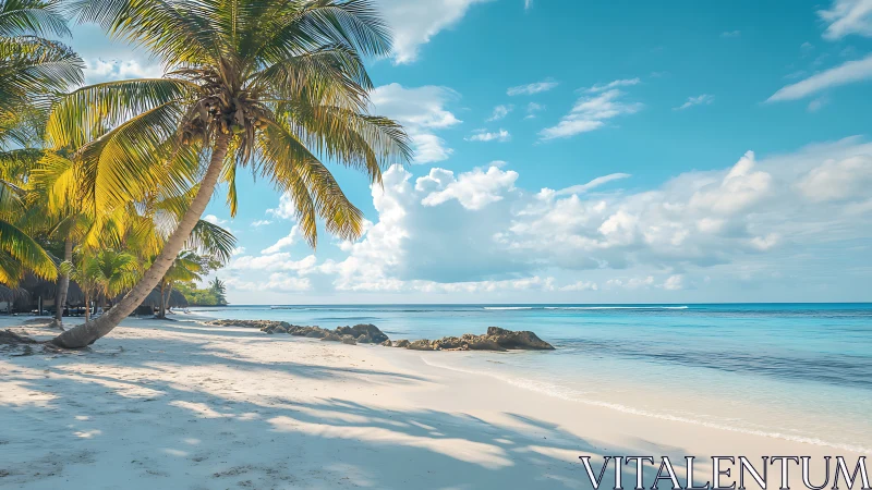 Tropical Paradise Beach with Leaning Palm Trees and Turquoise Waters