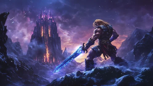 Warrior confronts burning citadel over frozen wasteland.