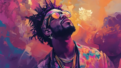 Vibrant portrait of man in sunglasses amid neon clouds.