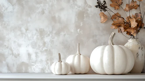 Minimalist white pumpkins with autumn foliage decor still life.