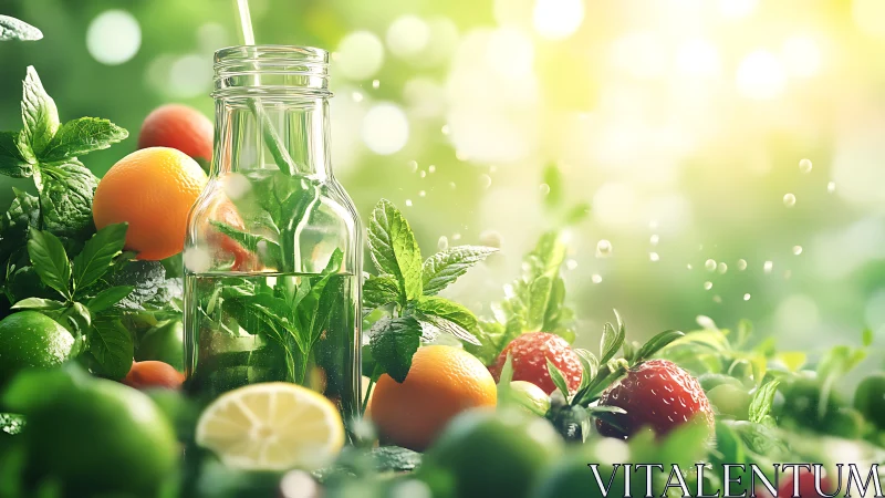 Glass bottle with citrus, berries, mint and bright bokeh.
