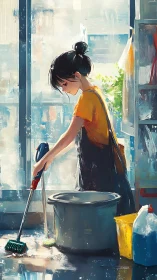 Young cleaner in apron mopping reflective floor under diffused daylight