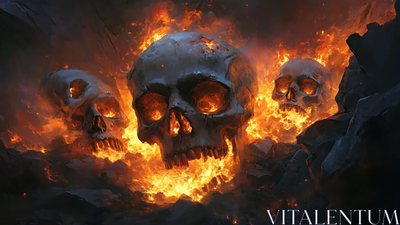 Burning skulls emerging from intense inferno flames.