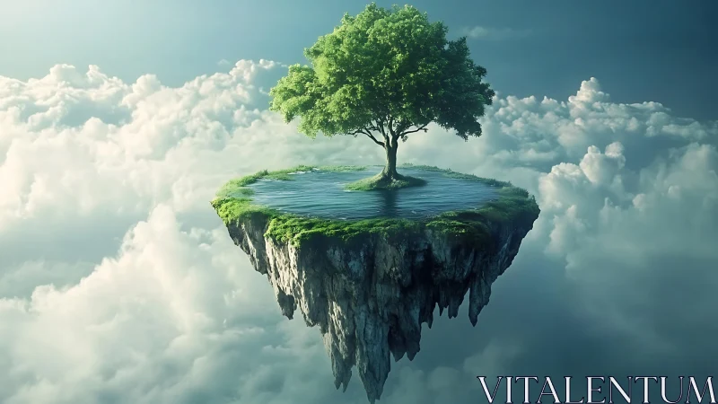 Floating landmass with mature tree and water pool.