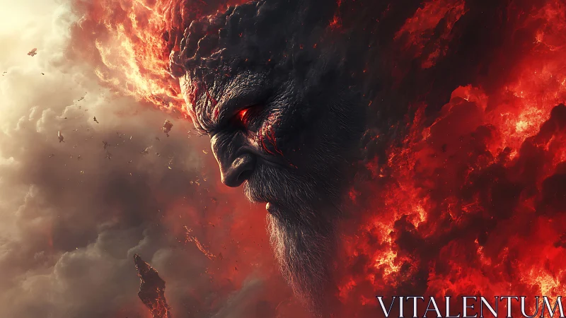 Fire-forged titan emerging from storm and molten sky.