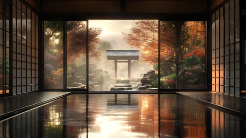 Sliding shoji windows unveil a glowing autumn garden sanctuary