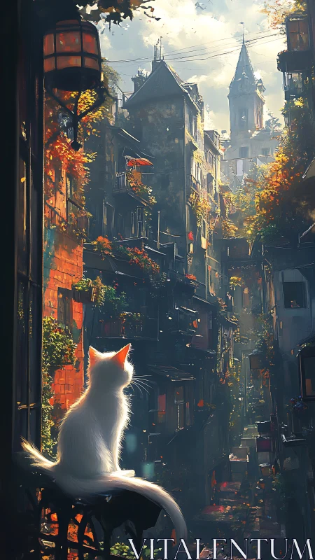 White cat overlooks sunlit autumn city alley vista.