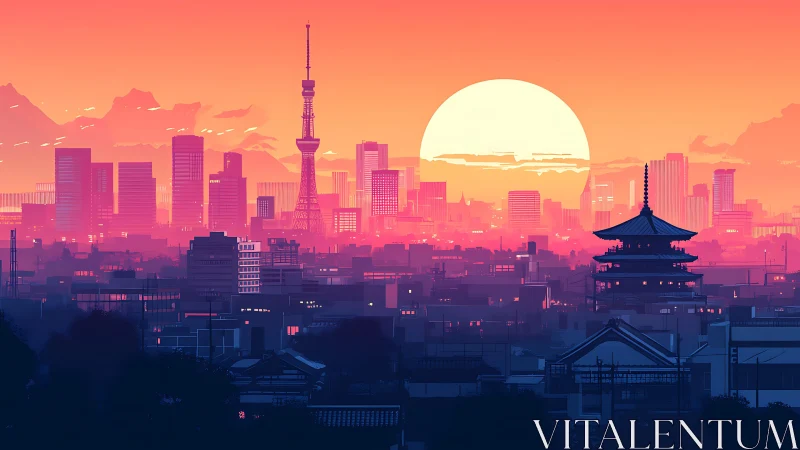 Neon sunset descends over futuristic Tokyo city skyline