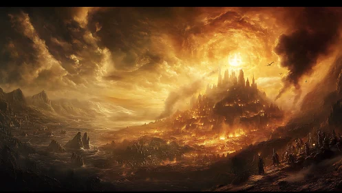 Burning fortress city under swirling fiery sky glows intensely
