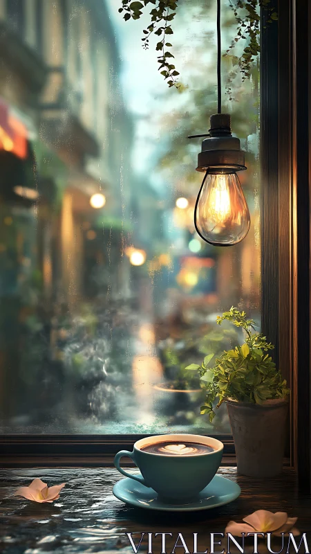 Latte art still life beneath filament bulb in rainy café window